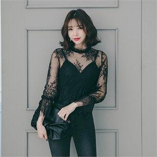 Frilled Sheer Lace Mesh Blouse