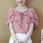 Ruffle Trim Plaid Short-sleeve Blouse