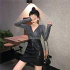 V-neck Long-sleeve Slim-fit Top / Faux-leather Pencil Skirt
