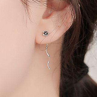925 Sterling Silver Flower & Wavy Bar Dangle Earring