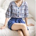 Set: Elbow-sleeve Plaid Buttoned Top + Wide-leg Shorts