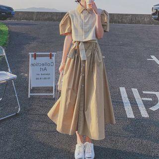 Puff-sleeve Plaid Panel Midi Shirtdress