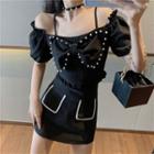 Faux-pearl Off-shoulder Short-sleeve Top With Choker / Skirt