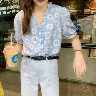 Short-sleeve V-neck Flower Printed Blouse