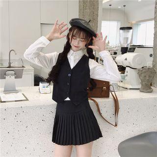 Plain Shirt / V-neck Vest / Mini Accordion Pleated Skirt / Set