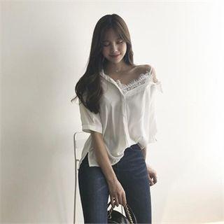 Asymmetric Off-shoulder Crochet-detail Blouse