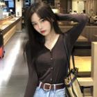 V-neck Long-sleeve Plain Cardigan Coffee - One Size