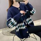Long-sleeve Argyle Printed Knit Cardigan