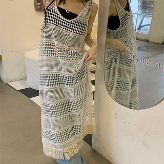 Sleeveless Tassel Trim Knit Dress White - One Size