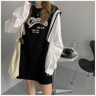 Long-sleeve Lettering Mini A-line Dress Black - One Size