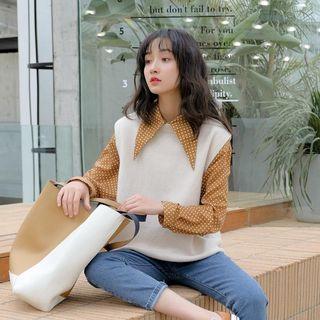 Polka Dot Chiffon Blouse / Knit Vest