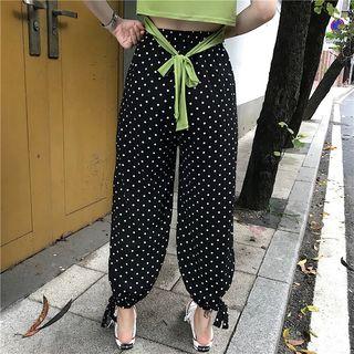 Set: Short-sleeve Tie-back T-shirt + Cropped Dotted Baggy Pants