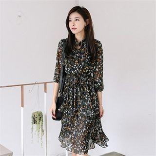 Floral Pattern Chiffon Midi Shirtdress With Sash