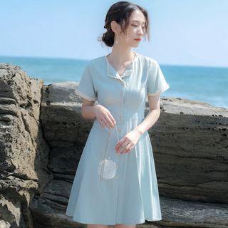 Short-sleeve Lace Trim Button-up A-line Mini Dress