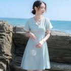 Short-sleeve Lace Trim Button-up A-line Mini Dress