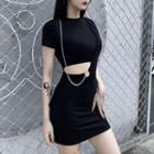 Short-sleeve Chained Cutout O-ring Mini Bodycon Dress