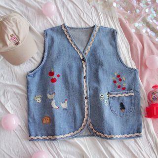 Embroidered Button Denim Vest As Shown In Figure - One Size