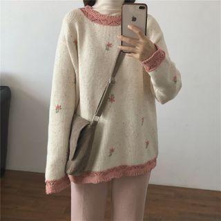Floral Embroidered Sweater Off-white & Pink - One Size