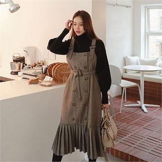 Double-breasted Herringbone Long Pinafore Dress