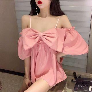 Elbow-sleeve Cold Shoulder Bow Top