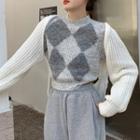 Mock-neck Argyle Sweater / Cut-out Cardigan