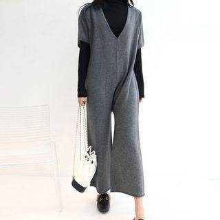 Deep V-neck Wool Blend Jumpsuit Gray - One Size