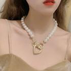 Alloy Heart Pendant Faux Pearl Necklace Gold - One Size