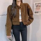Fleece Button-up Cropped Jacket Brown - One Size