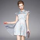 Flutter-sleeve Printed Dress