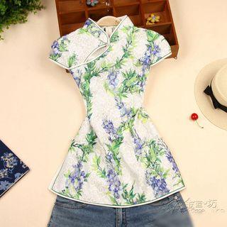 Floral Print Lace Cap Sleeve Cheongsam Top