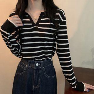 Long-sleeve Polo Collar Striped Knit Top