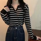 Long-sleeve Polo Collar Striped Knit Top
