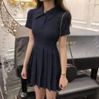 High Waist Short Sleeve Pleated Panel Polo Dress