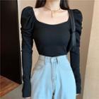 Puff-sleeve Square Neck Plain Top