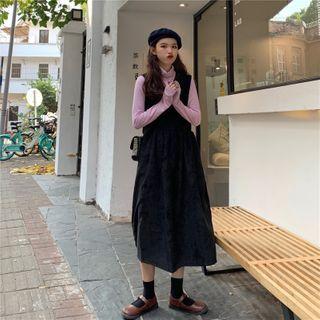 Plain Mock-neck Long-sleeve Top/ V-neck Corduroy Pinafore Dress
