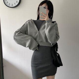 Long-sleeve Round Neck Mini Bodycon Dress / Zip-up Cropped Hoodie