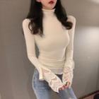 Long-sleeve Turtle Neck Lace Panel T-shirt