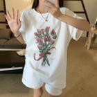 Short-sleeve Flower Print T-shirt Set Of 2 - Top & Bottom - Beige - One Size
