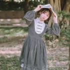 Bear Embroidered Color Panel Long Sleeve Dress