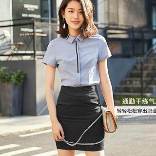Set: Short-sleeve Work Shirt + Pencil Skirt + Wide Leg Pants
