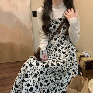 Mock Neck Floral Print Mock Two Piece Dress