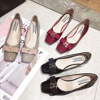 Patent Square-toe Bow-accent Block-heel Pumps