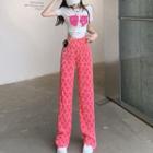 Short-sleeve Cartoon Print Cropped T-shirt / Heart Print Wide Leg Pants