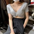 Short-sleeve V-neck Plain Knotted Cropped T-shirt