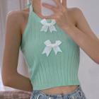 Halter-neck Bow Knit Camisole Top Green - One Size