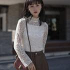 Set: Long-sleeve Mock-neck Lace Top + Camisole Top