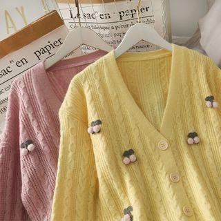 Cherry-accent Cable-knit Loose Cardigan