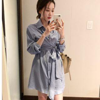 Long-sleeve Tie-waist Mini Shirt Dress Sky Blue - One Size
