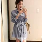 Long-sleeve Tie-waist Mini Shirt Dress Sky Blue - One Size