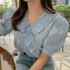 Balloon-sleeve Dotted Ruffled Blouse As Shown In Figure - One Size
